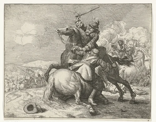 Zwaardgevecht tussen twee ruiters by anonymous, print, 1674-1733