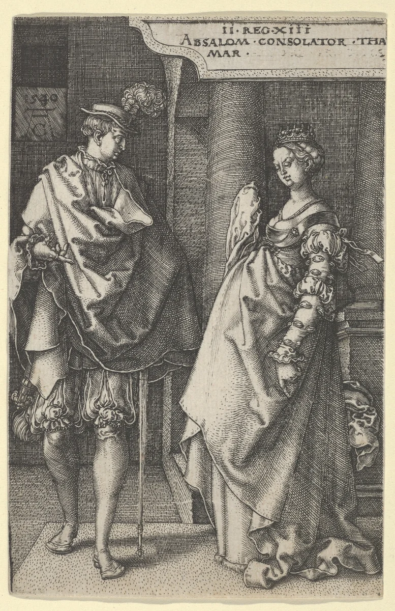 Absalom Comforting Tamar, from "The Story of Amnon and Tamar" by Heinrich Aldegrever, print, 1540