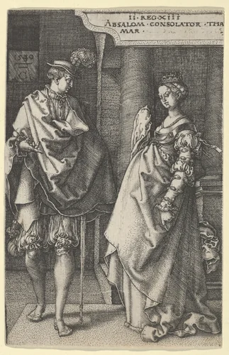 Absalom Comforting Tamar, from "The Story of Amnon and Tamar" by Heinrich Aldegrever, print, 1540