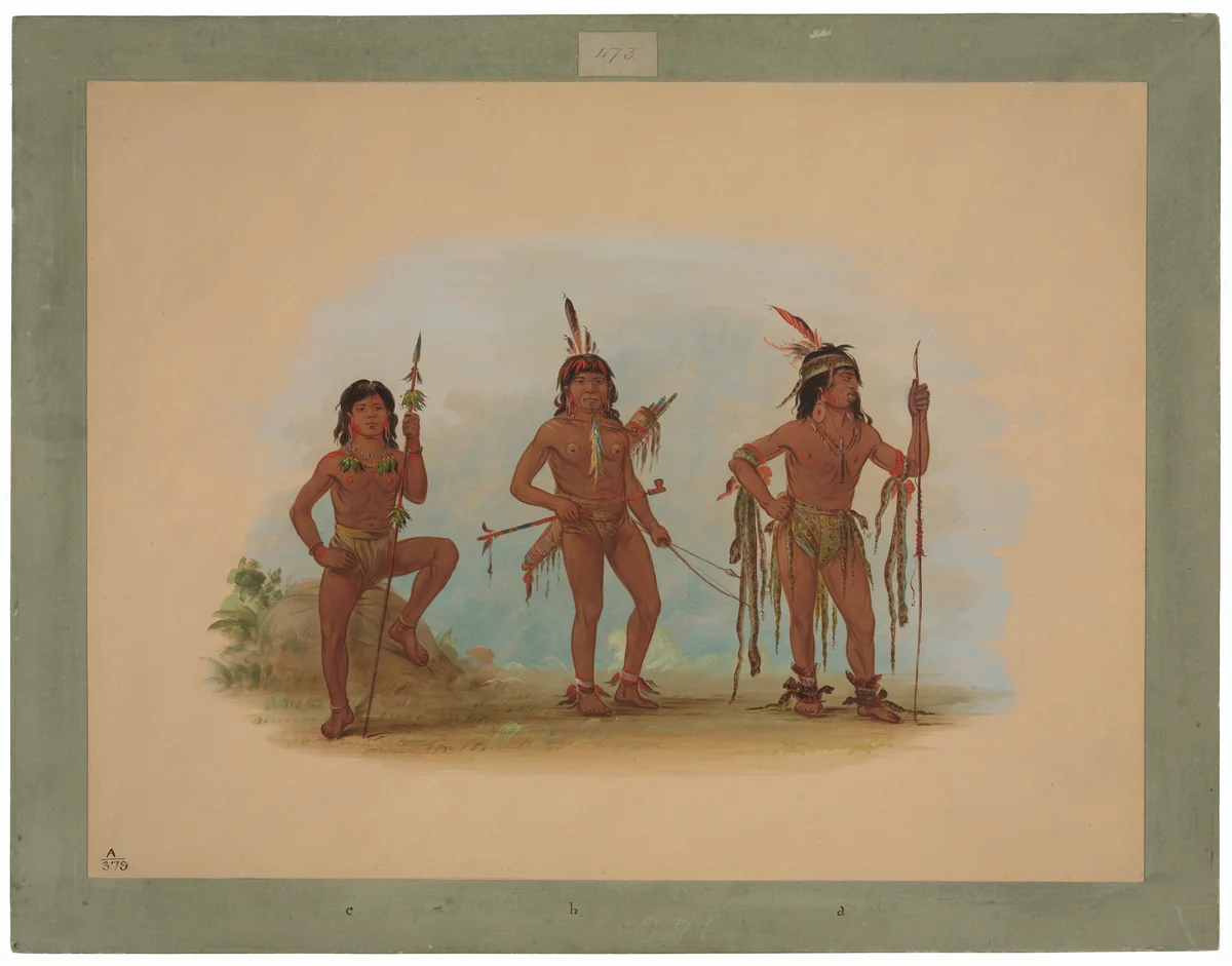 Lengua Medicine Man with Two Warriors by George Catlin, painting, 1854-1869