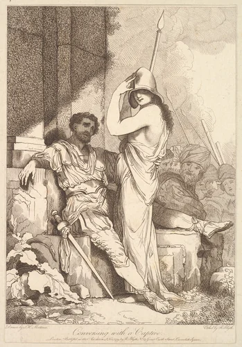 Conversing with a Captive, from "Banditti Variously Employed" by Robert Blyth, print, 1779