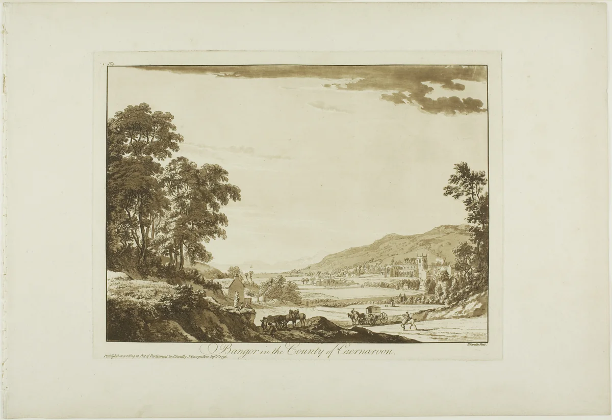 Bangor in the County of Caernarvon, plate nine from Twelve Views in North Wales by Paul Sandby, print, 1776