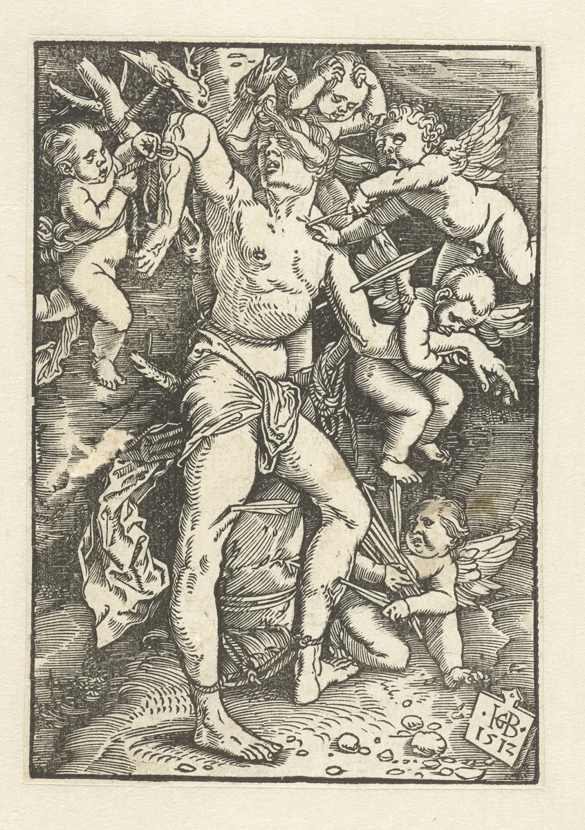 Sebastiaan wordt verlost van pijlen door engelen by Unknown, print, 1512