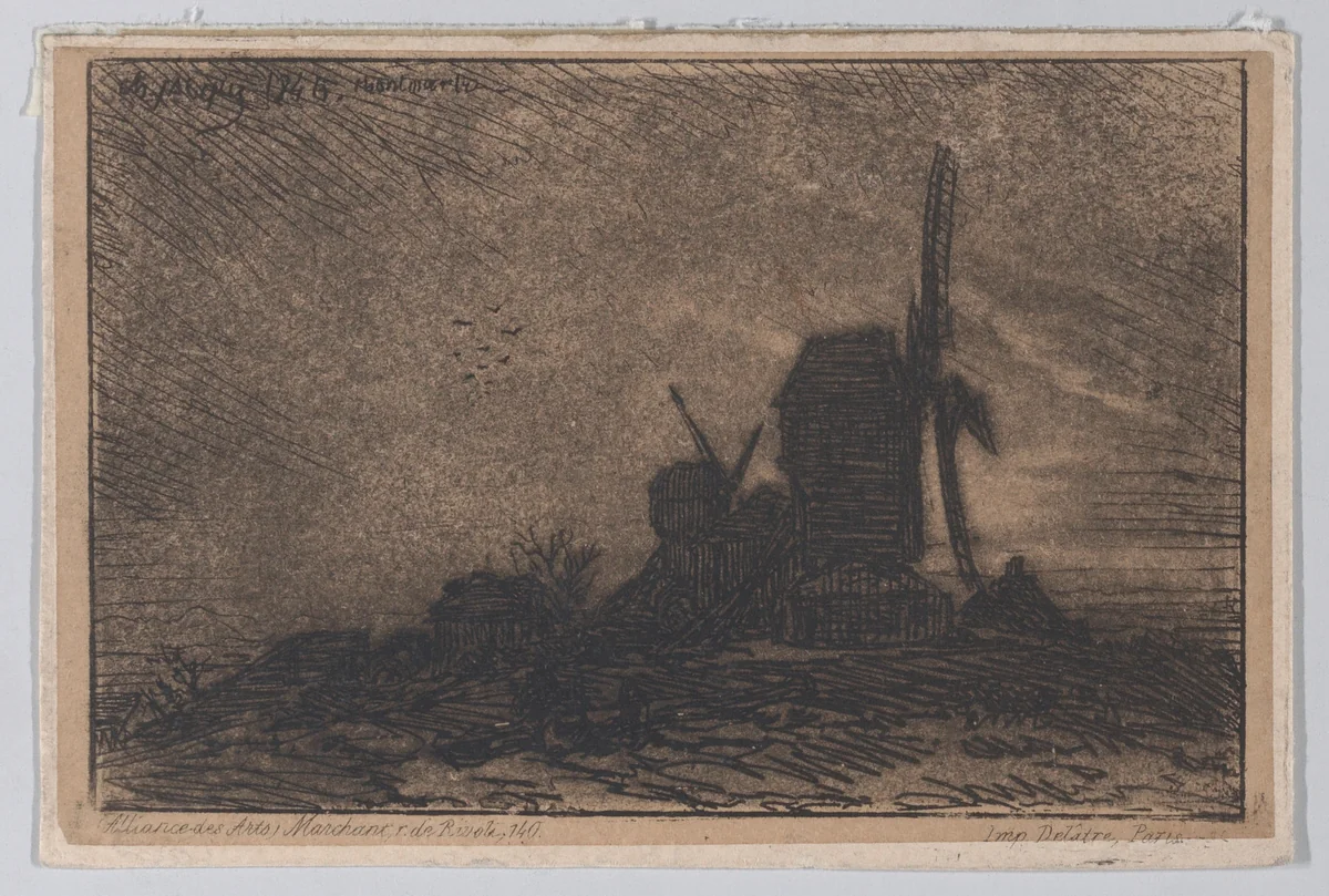 Two Windmills in Montmartre by Charles Jacque, print, 1846