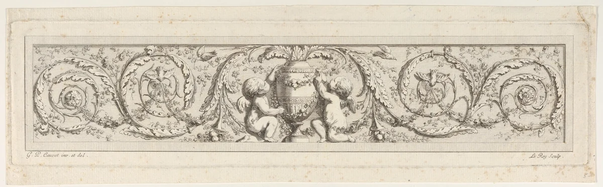 Design for a Frieze with Acanthus Scrolls and a Vase with Two Putti in the Center by Le Roy, print, 1772-1782