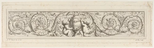 Design for a Frieze with Acanthus Scrolls and a Vase with Two Putti in the Center by Le Roy, print, 1772-1782