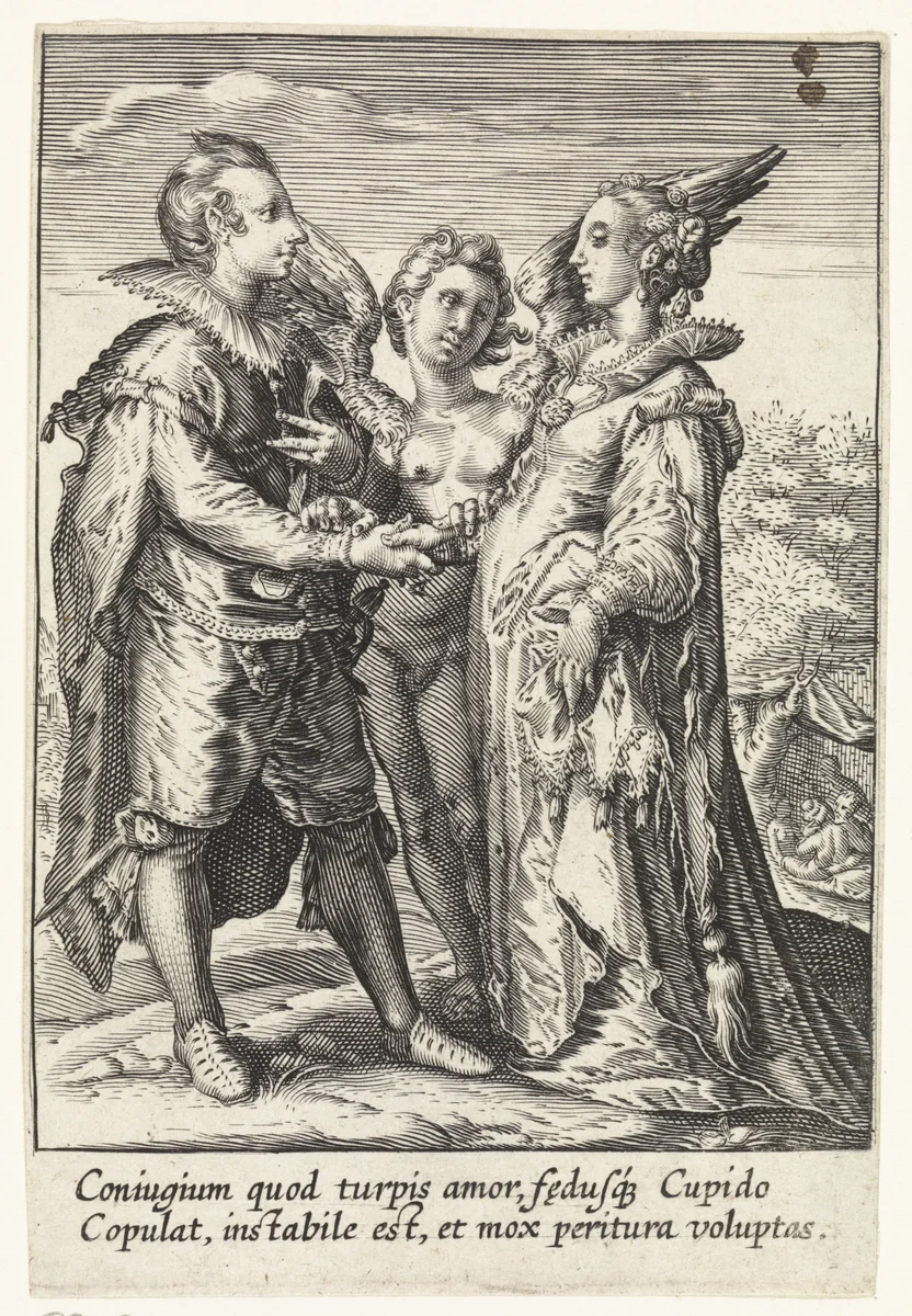 Huwelijk uit zinnelijkheid door Amor gesloten by anonymous, print, 1575-1657