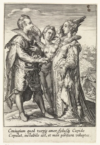 Huwelijk uit zinnelijkheid door Amor gesloten by anonymous, print, 1575-1657