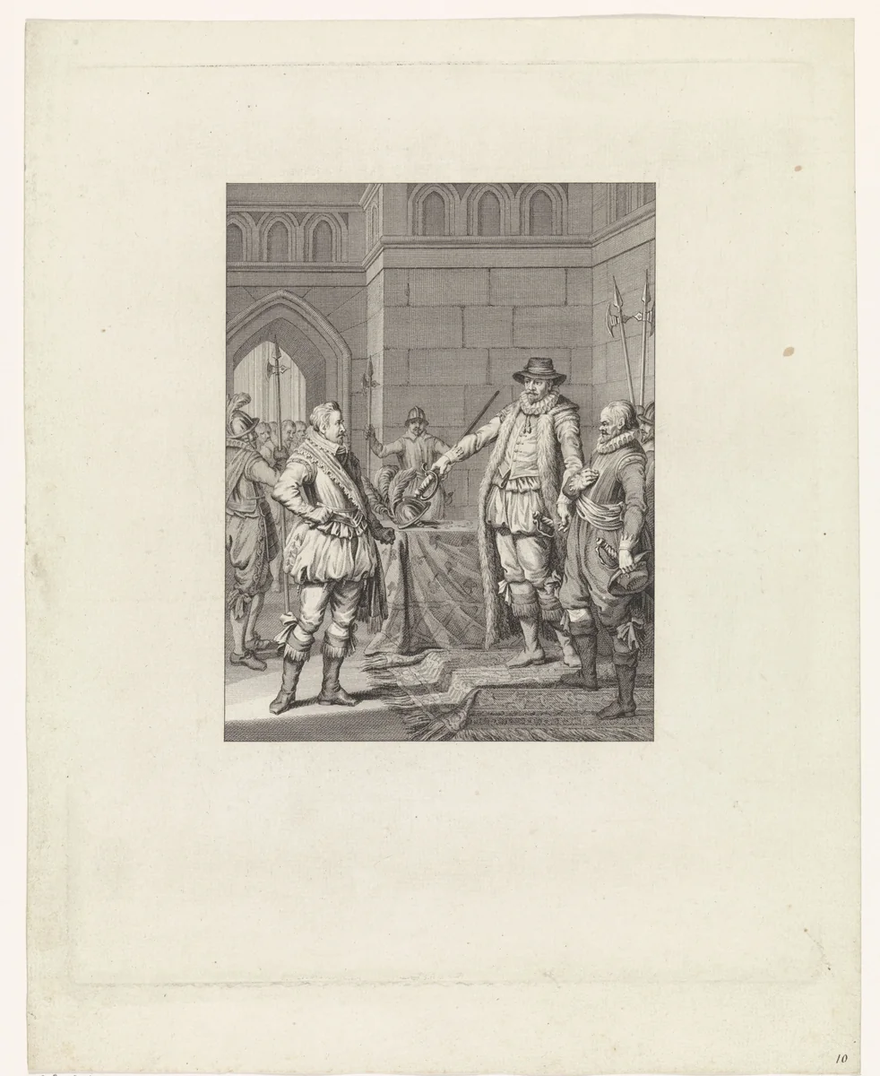 Oranje geeft Bossu te Hoorn zijn zwaard terug, 1573 by Theodoor Koning, print, 1781