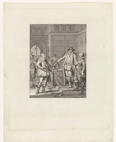 Oranje geeft Bossu te Hoorn zijn zwaard terug, 1573 by Theodoor Koning, print, 1781