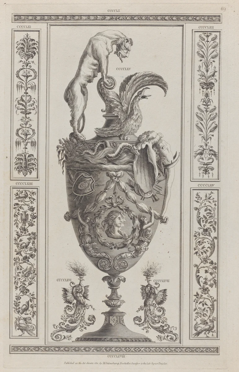 Vases and Ornament, nos. CCCCLX–CCCCLXVIII, plate 69 from "Designs for Various Ornaments" by Michelangelo Pergolesi, print, 1801