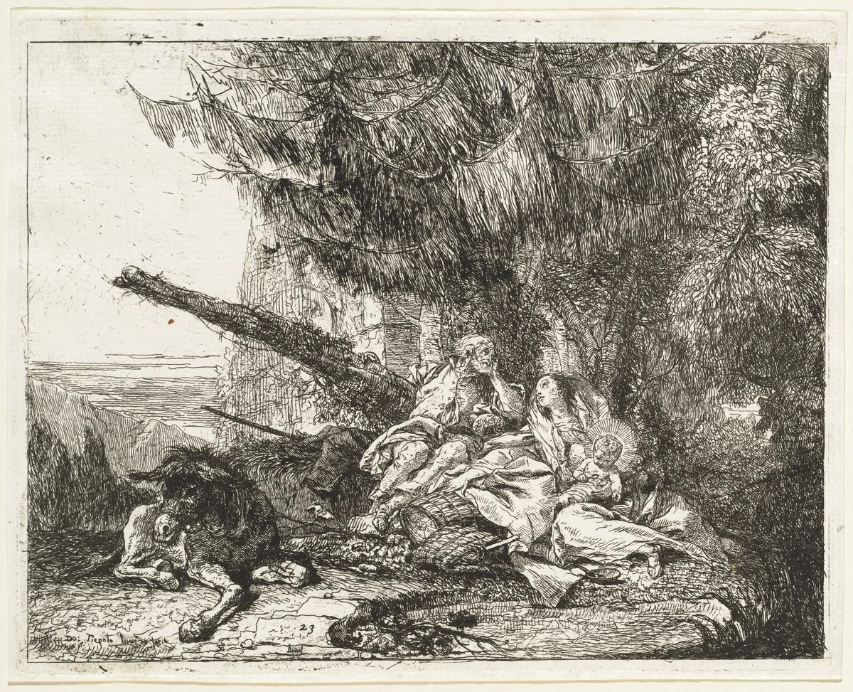 The Rest on the Flight, with Holy Family under a Tree by Giovanni Domenico Tiepolo, print, 1753