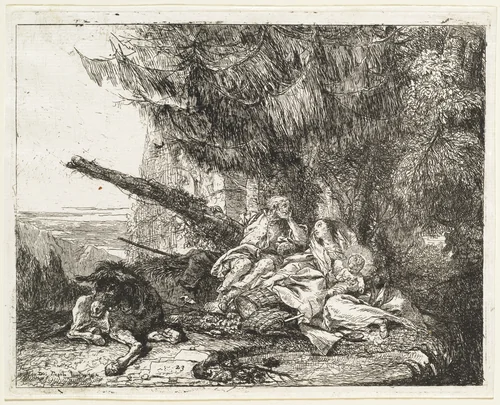 The Rest on the Flight, with Holy Family under a Tree by Giovanni Domenico Tiepolo, print, 1753