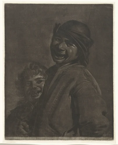 Twee lachende jongens by Pieter Louw, print, 1743-1800