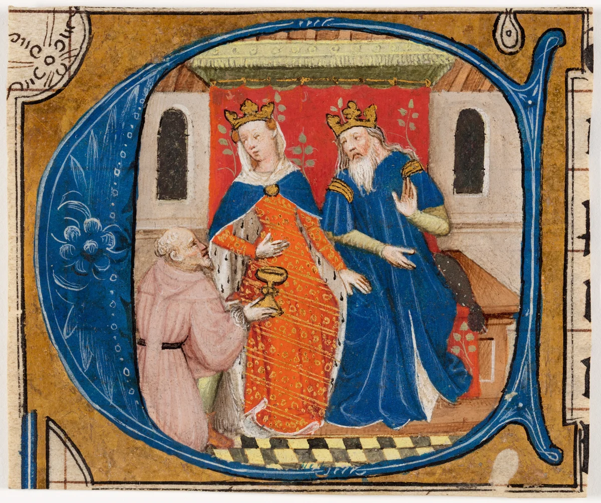 Nehemiah before King Artaxerxes, initial ‘C’ from a Bible by Masters of Zweder, painting, 1425-1435