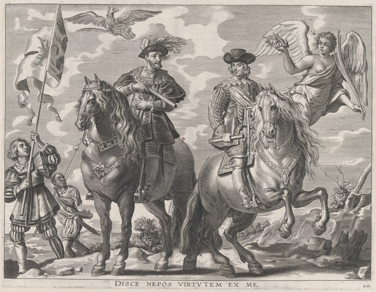 Plate 20: Charles V and Ferdinand on Horseback; from Guillielmus Becanus's 'Serenissimi Principis Ferdinandi, Hispaniarum Infantis...' by Pieter de Jode II, print, 1636