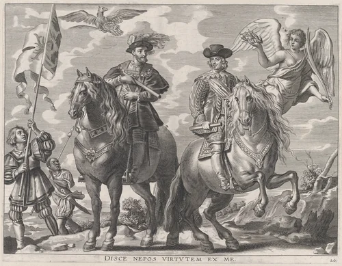 Plate 20: Charles V and Ferdinand on Horseback; from Guillielmus Becanus's 'Serenissimi Principis Ferdinandi, Hispaniarum Infantis...' by Pieter de Jode II, print, 1636