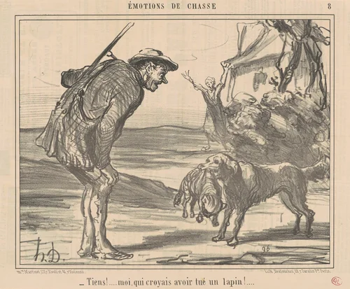 Tiens! Moi, croyais avoir tué un lapin! ... by Honoré Daumier, print, 1857