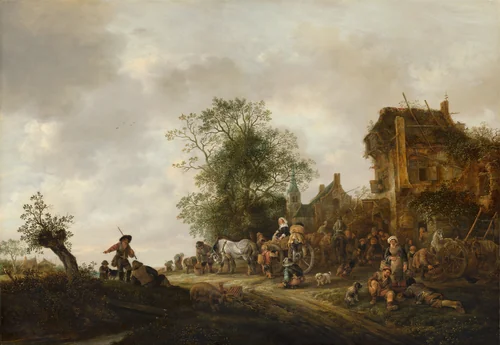 Travellers outside an Inn by Isack van Ostade, painting, 1646