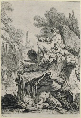 Fountain with a Naiad Seated on a Shell (Une fontaine avec une näiade assise sur une conque) by Jean-Baptiste-Marie Pierre, print, 1735-1745