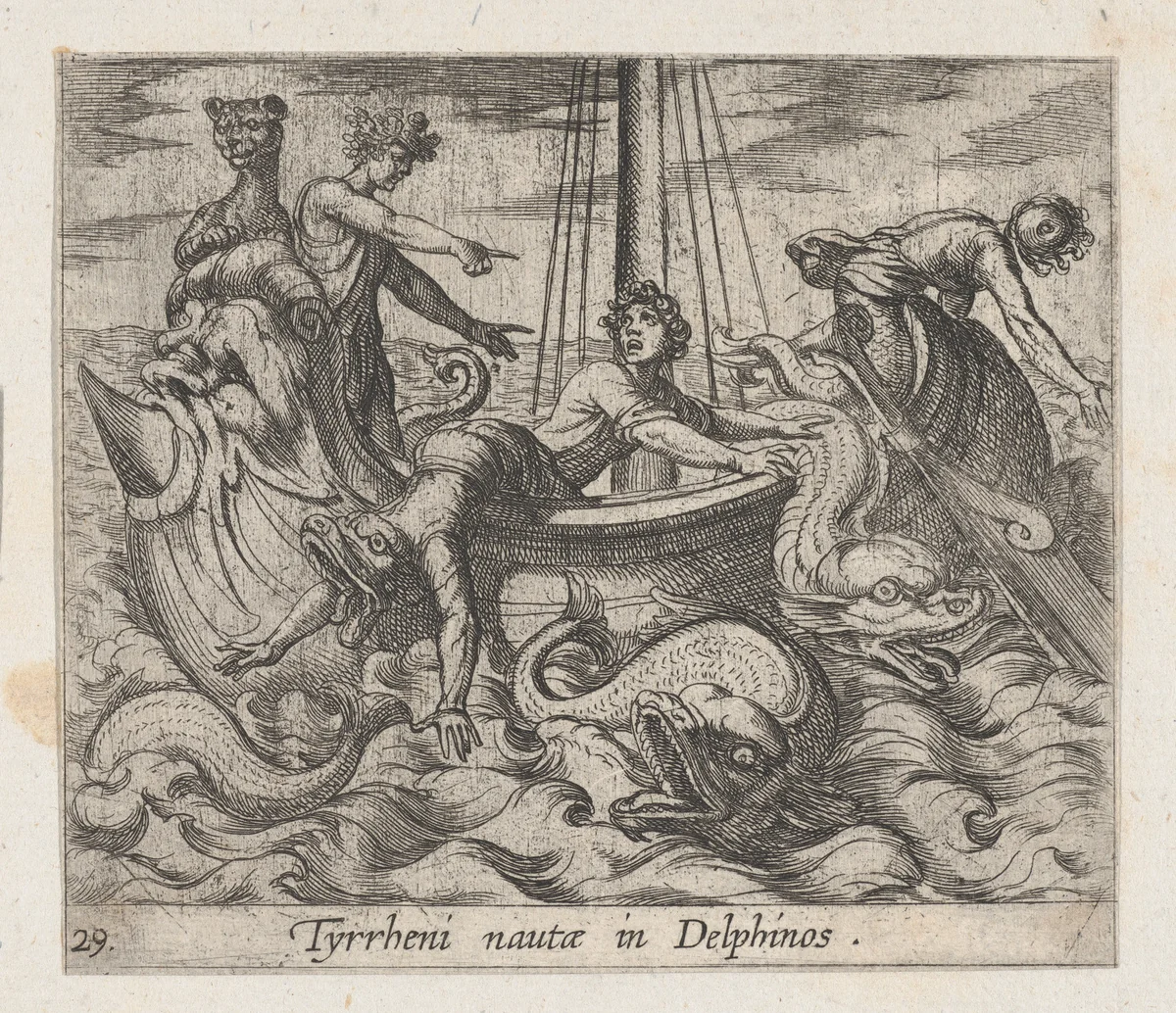 Plate 29: Bacchus Changing his Kidnappers into Monsters (Tyrrheni nautae in Dlephinos), from Ovid's 'Metamorphoses' by Antonio Tempesta, print, 1606
