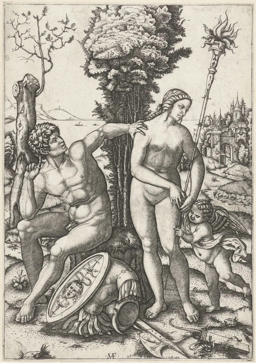 Mars en Vensu als liefdespaar met Amor by Unknown, print, 1508