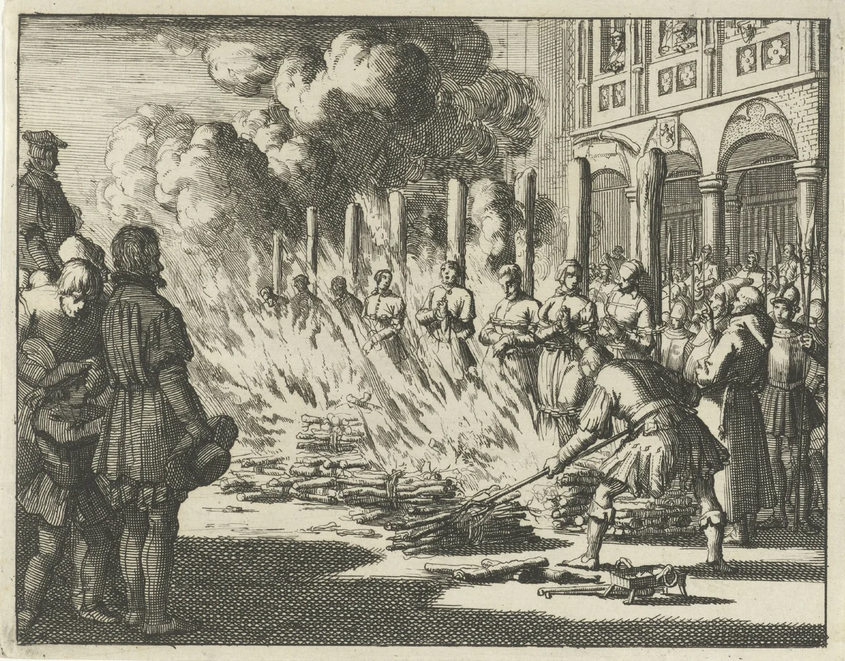Acht dopers op de Dam voor het stadhuis op de brandstapel verbrand, 1549 by Jan Luyken, print, 1693
