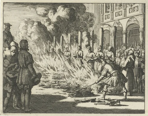 Acht dopers op de Dam voor het stadhuis op de brandstapel verbrand, 1549 by Jan Luyken, print, 1693