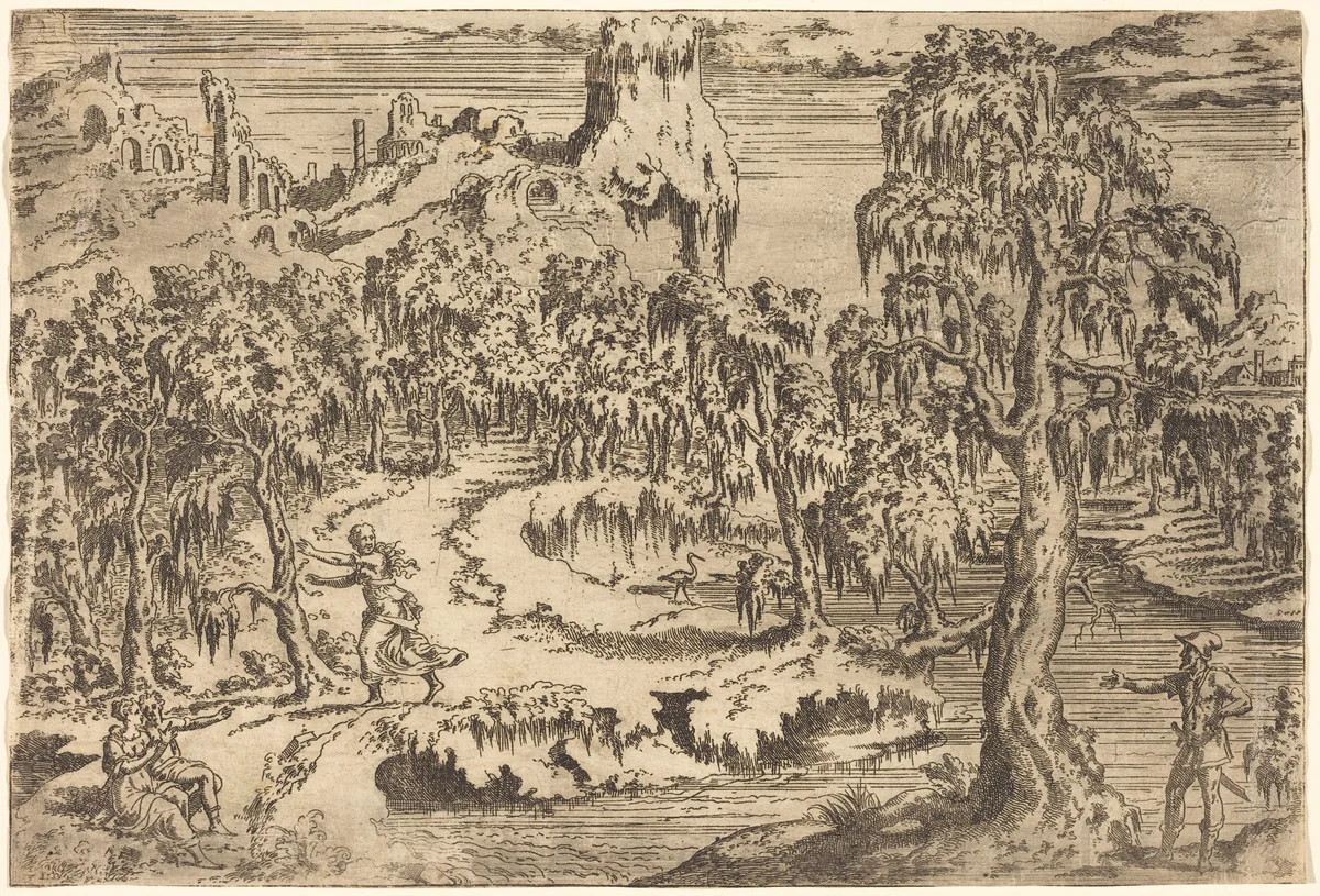 Landscape with a Woman Fleeing at the Sight of a Soldier by Léon Davent, print, 1550-1560