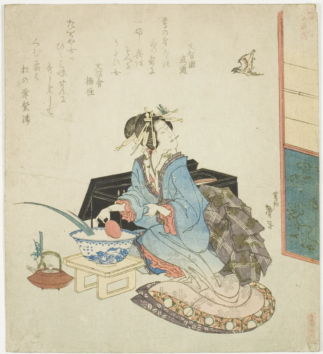 Geisha looking up at a cuckoo, from the series "Five Annual Festivals for the Katsushika Circle (Katsushika gosekku)" by Katsushika Taito II, print, 1822