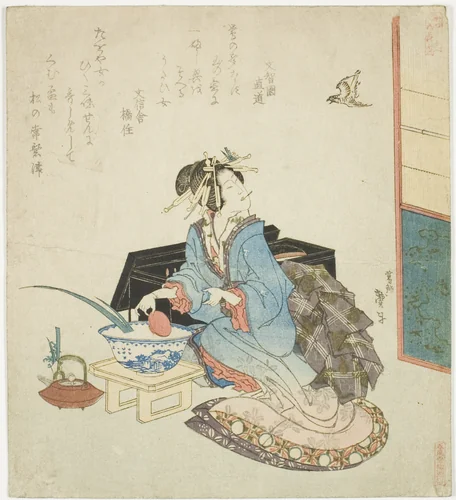 Geisha looking up at a cuckoo, from the series "Five Annual Festivals for the Katsushika Circle (Katsushika gosekku)" by Katsushika Taito II, print, 1822