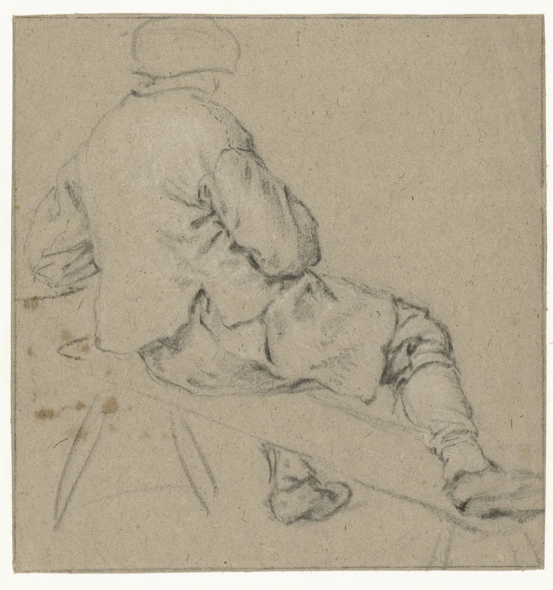 Zittende boer, op de rug gezien, met een been op de bank by Adriaen van Ostade, drawing, 1659-1670