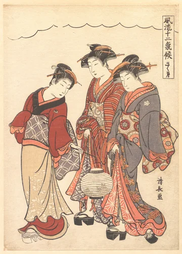 Two Geisha Preceded by a Maid Carrying a Lantern by Torii Kiyonaga (鳥居清長), print, 1768-1788