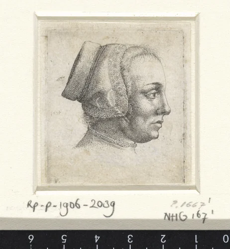Portret van een vrouw met mutsje, en profil by Wenceslaus Hollar, print, 1635