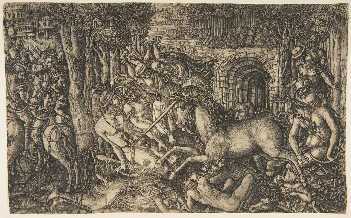 A King Pursued by a Unicorn, from the Unicorn Series by Jean Duvet, print, 1550-1560