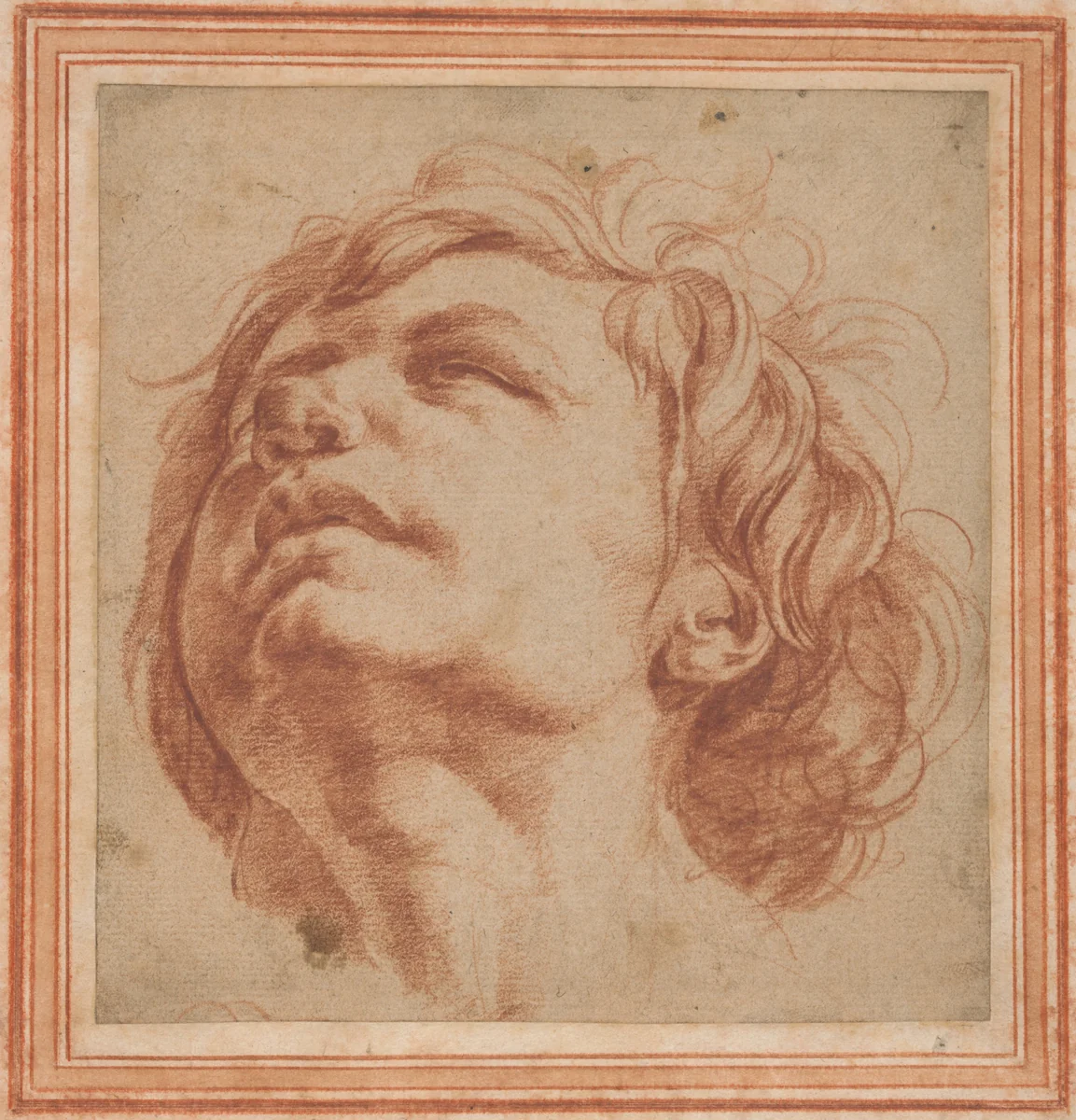 Head Study of a Young Man Looking Upward by Dirk Helmbreker, drawing, 1660-1670