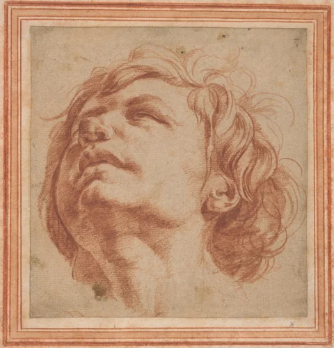 Head Study of a Young Man Looking Upward by Dirk Helmbreker, drawing, 1660-1670
