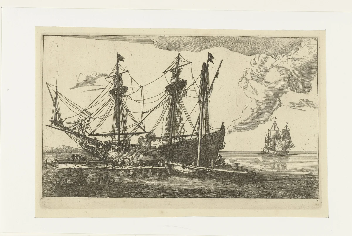 Reparaties aan de romp van een schip by anonymous, print, 1652-1714