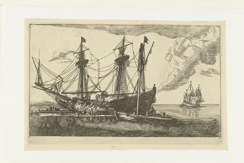 Reparaties aan de romp van een schip by anonymous, print, 1652-1714