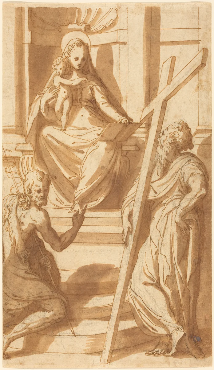 The Madonna and Child Enthroned with Saint John the Baptist and Saint Andrew by Bernardino India, drawing, 1528-1590