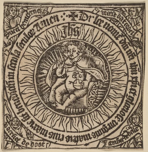 Divine Infant with the Globe in a Circle with Four Angels by Netherlandish 15th Century, print, 1500