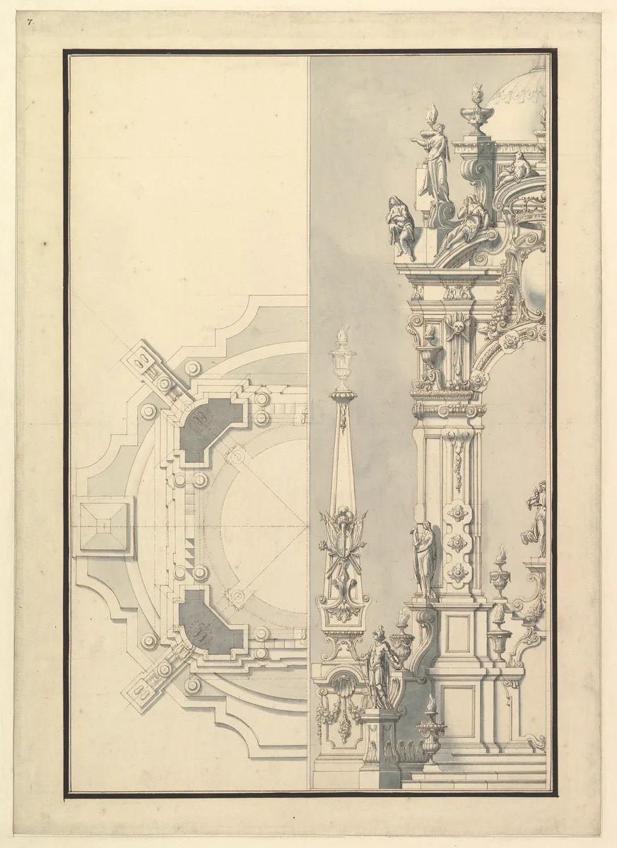 Half Elevation and Half Ground Plan for a Catafalque for an Electress Palatine by Giuseppe Galli Bibiena, drawing, 1696-1756