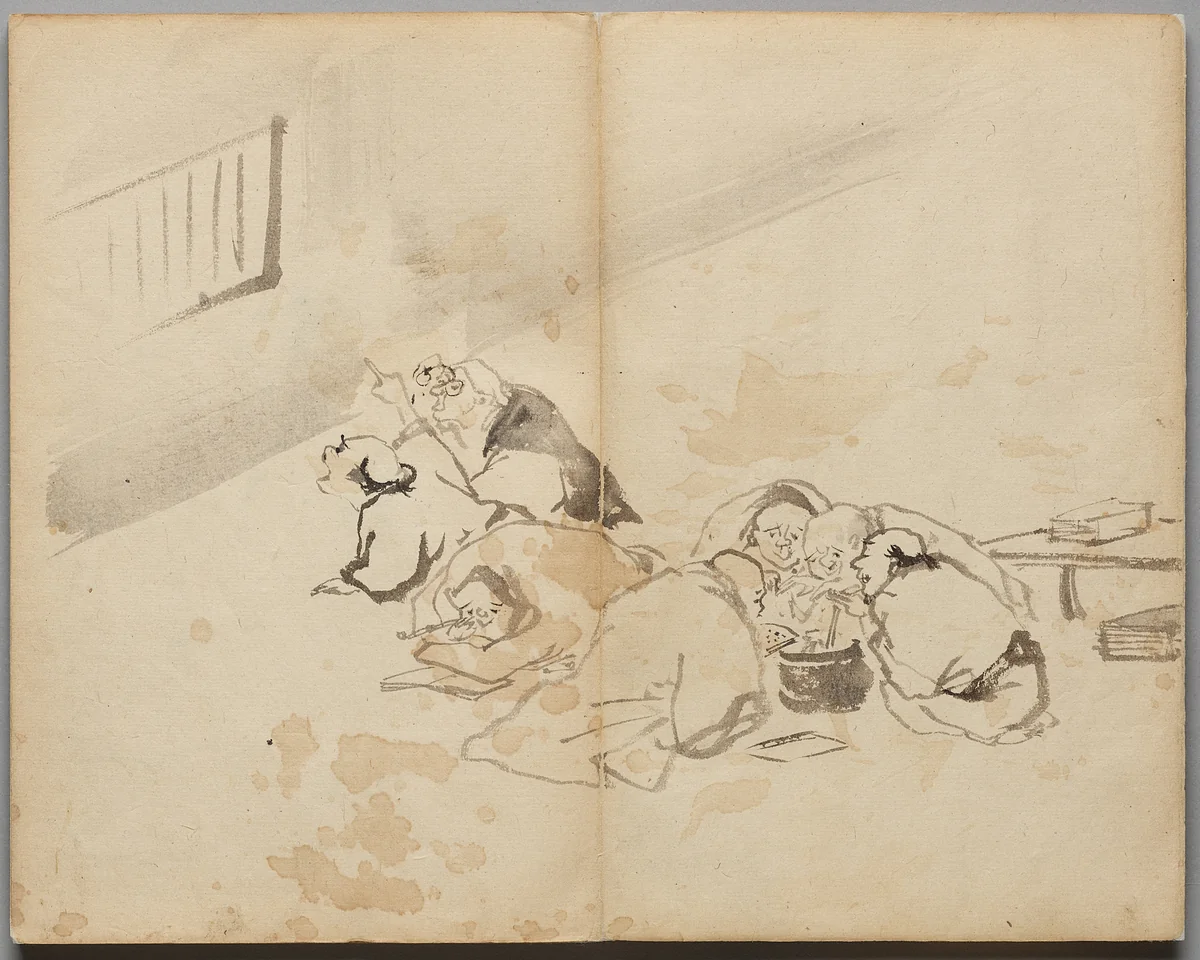 People Dining and Reading from Sketch Album by Kawanabe Kyōsai (河鍋暁斎), book, 1855-1889