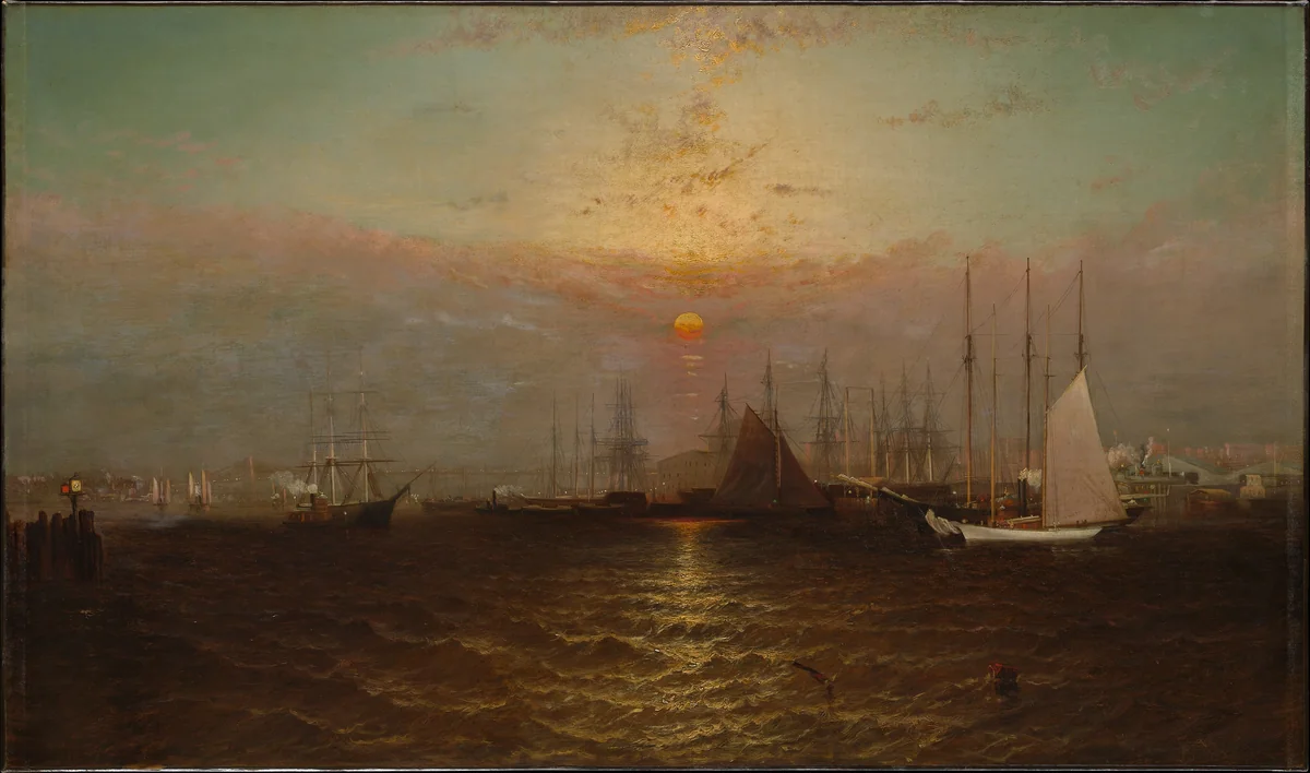 New York Harbor with Brooklyn Bridge by G. Baker, artwork, 1870-1879