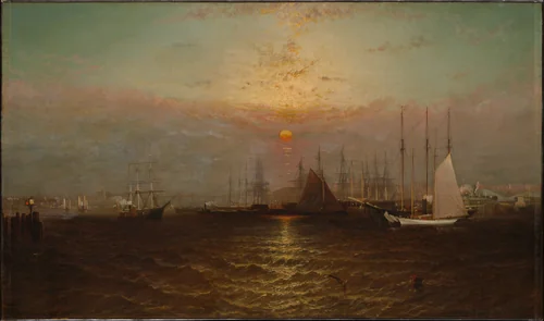 New York Harbor with Brooklyn Bridge by G. Baker, artwork, 1870-1879
