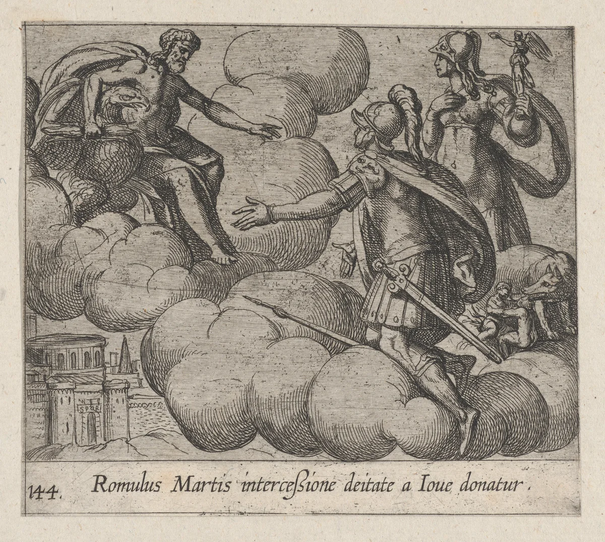 Plate 144: The Immortalization of Romulus (Romulus Martis interceßione deitate a Ioue domatur), from Ovid's 'Metamorphoses' by Antonio Tempesta, print, 1606