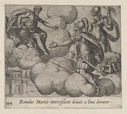 Plate 144: The Immortalization of Romulus (Romulus Martis interceßione deitate a Ioue domatur), from Ovid's 'Metamorphoses' by Antonio Tempesta, print, 1606