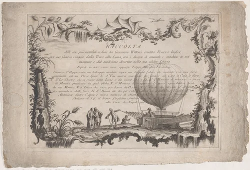 Title plate from 'The collection of the most notable things seen by John Wilkins, erudite English bishop, on his famous trip from the Earth to the Moon... (Raccolta delle cose più notabili Vedute da Giovanni Wilkins erudito Vescove Inglese nel suo famoso viaggio dalla Terra alla Luna...) by Filippo Morghen, print, 1783-1813