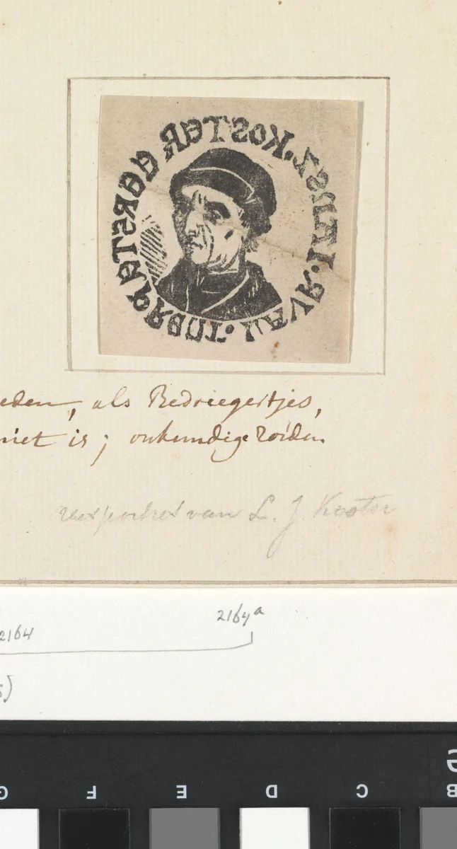 Portret van Laurens Jansz. Coster by Cornelis van den Berg, print, 1720-1774