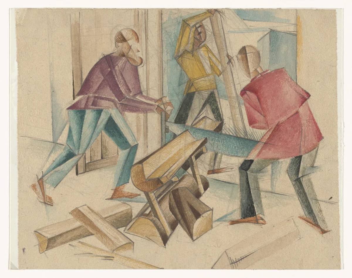 Three Figures of Woodcutters by Alexander Bogomazov, drawing, 1927